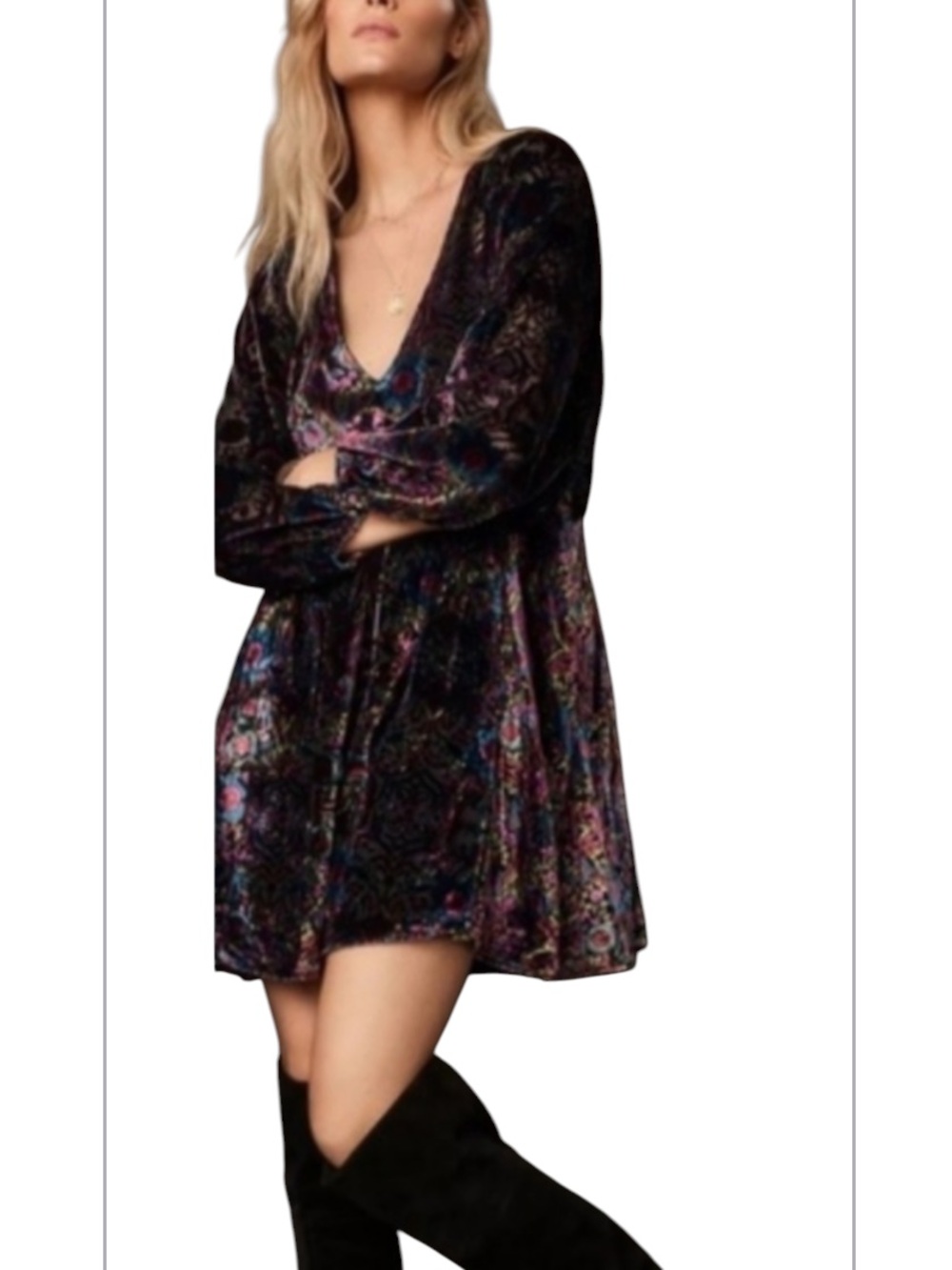 Anthropologie Black Velvet Floral Print Babydoll Mona Burnout Long Sleeve Dress